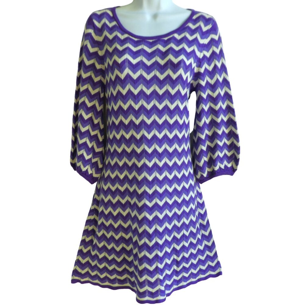 Alice Olivia Purple Chevron Pointelle Knit Dress Viscose Wool Blend Balloon Slvs